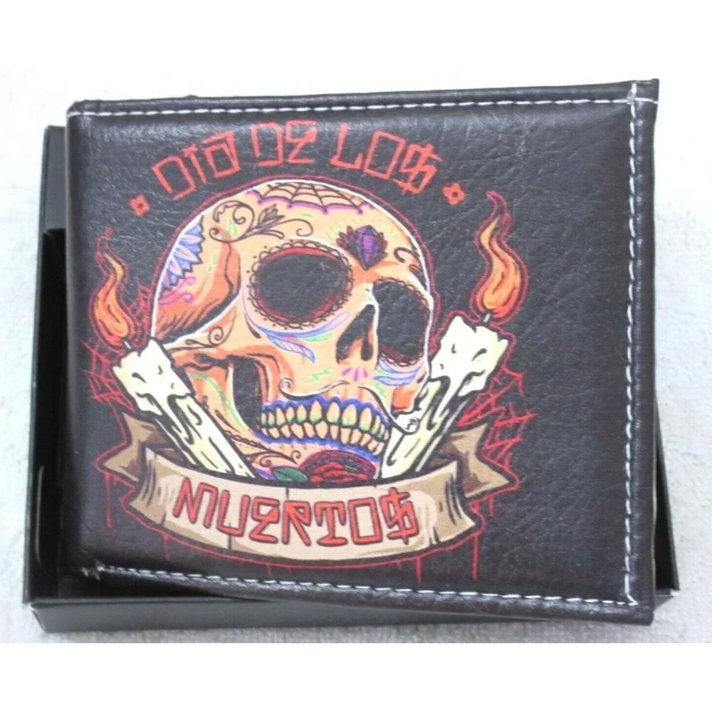Day of The Dead Dia De Los Muertos Skull Candles Bi-Fold Vegan Leather Wallet